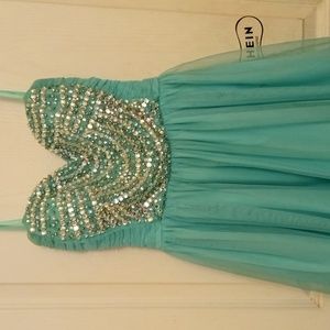 Teal rhinestone mini dress